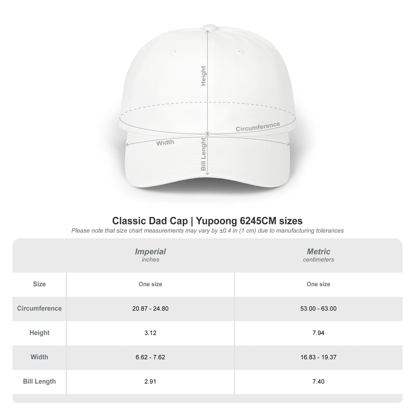Yupoong 6245CM Classic Dad Cap size chart showing Imperial and Metric measurements.