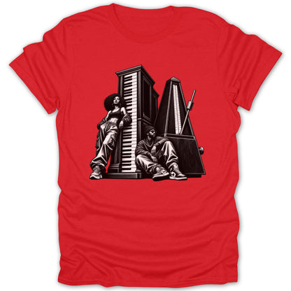Two figures pose by a piano keyboard and metronome on a red t-shirt.