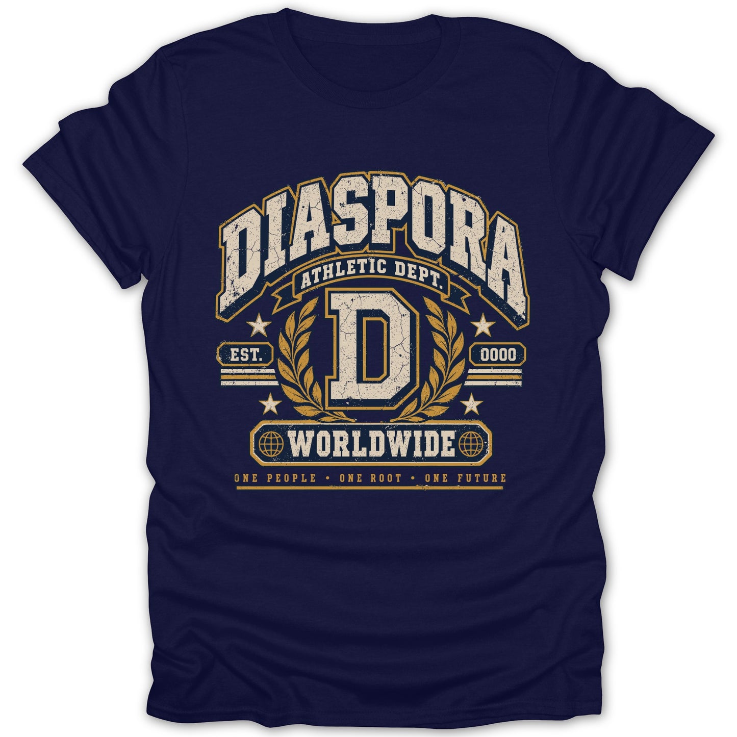 Navy t-shirt with "Diaspora Athletic Dept. Worldwide" text and laurel wreath design.