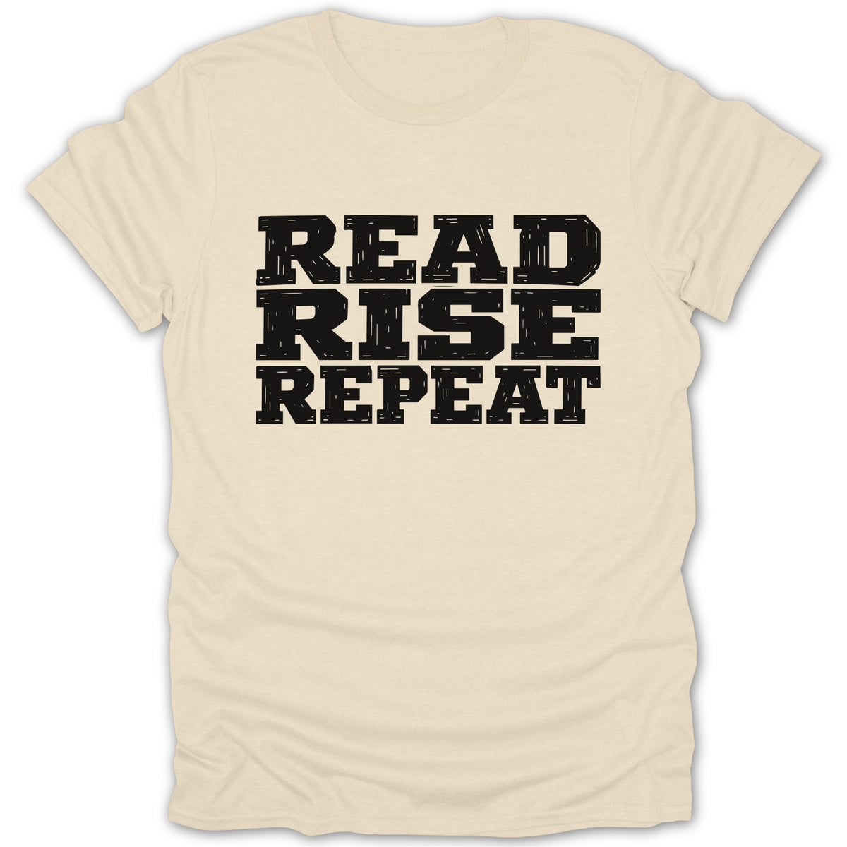 Cream t-shirt with black text reading "READ RISE REPEAT"