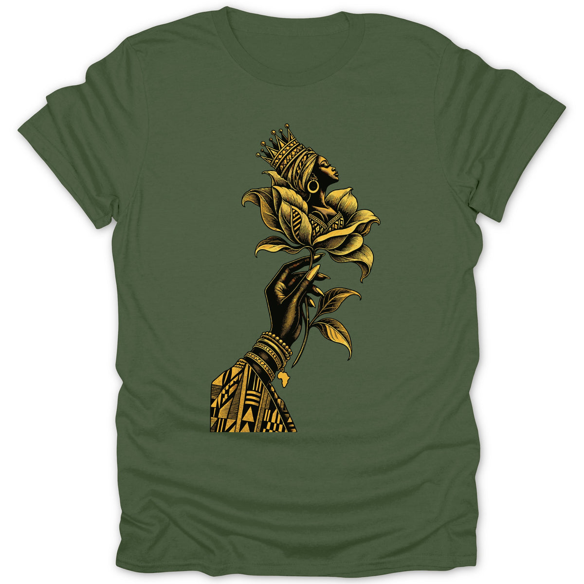 Black hand holding a yellow flower with a crowned queen's profile.
