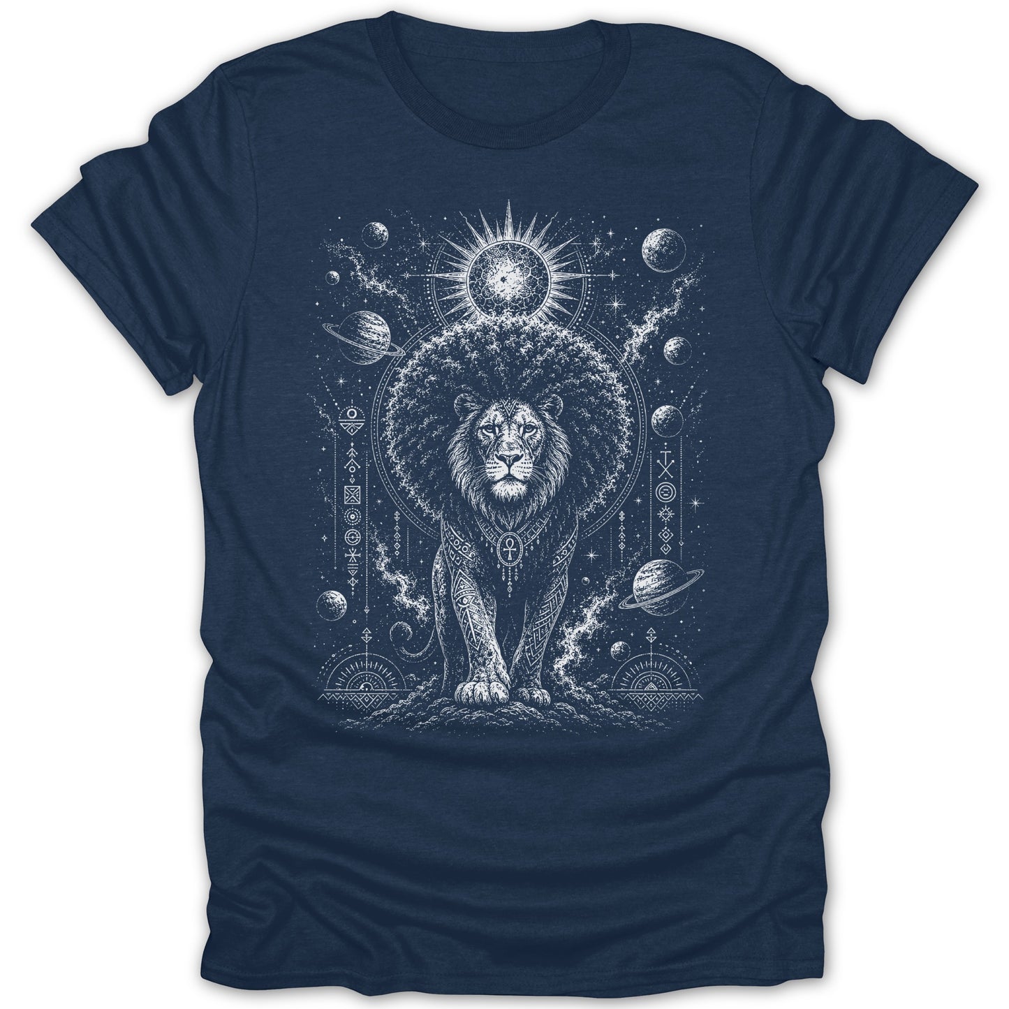 Lion with cosmic background, planets, and geometric symbols on a navy t-shirt.
