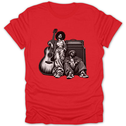 Black and white illustration of a man and woman with a guitar and amplifier on a red t-shirt.