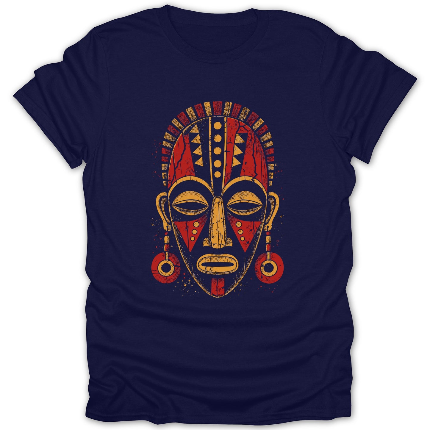 Navy t-shirt with a distressed red and yellow tribal mask graphic.
