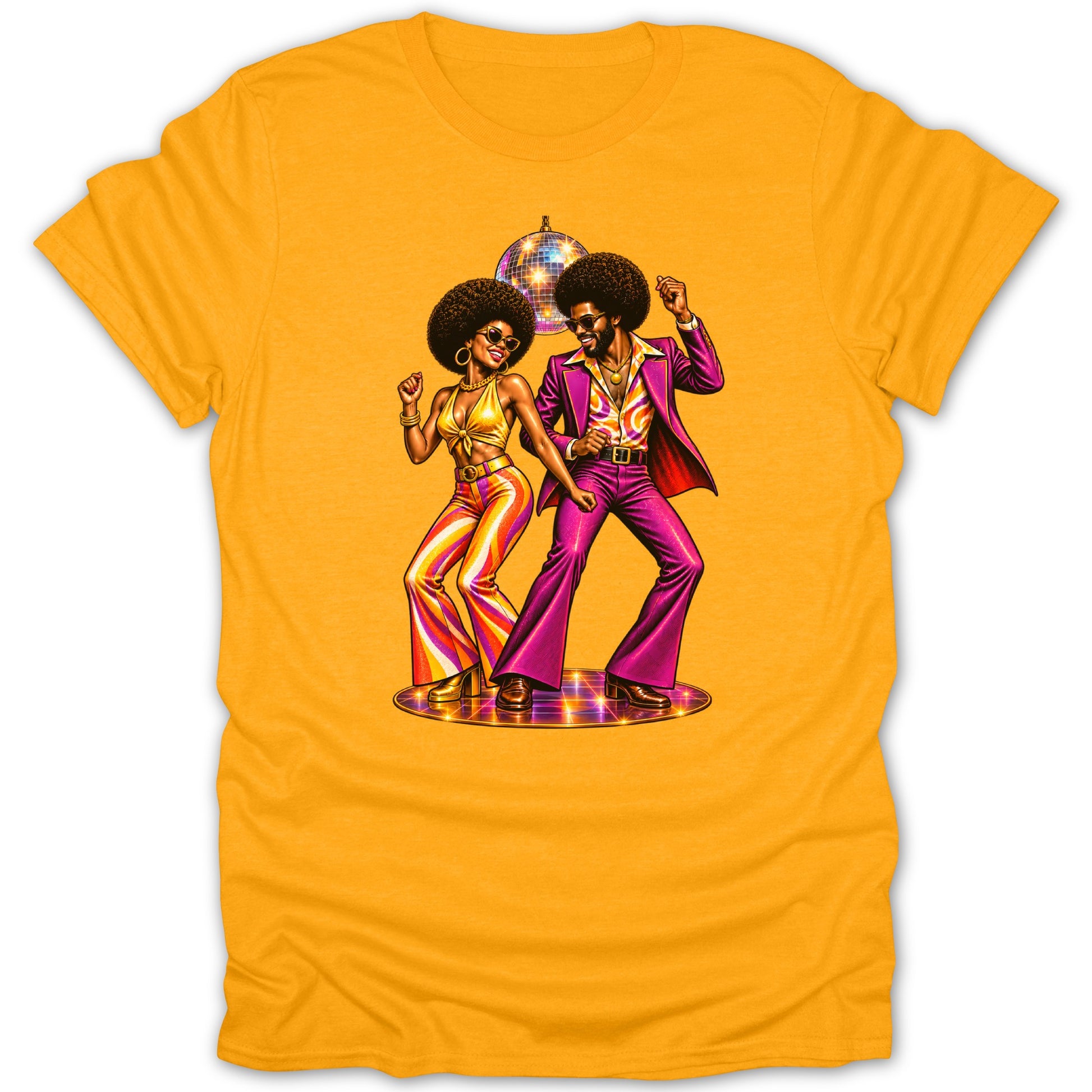 Disco dancers in bell bottoms and afro hairstyles under a disco ball.