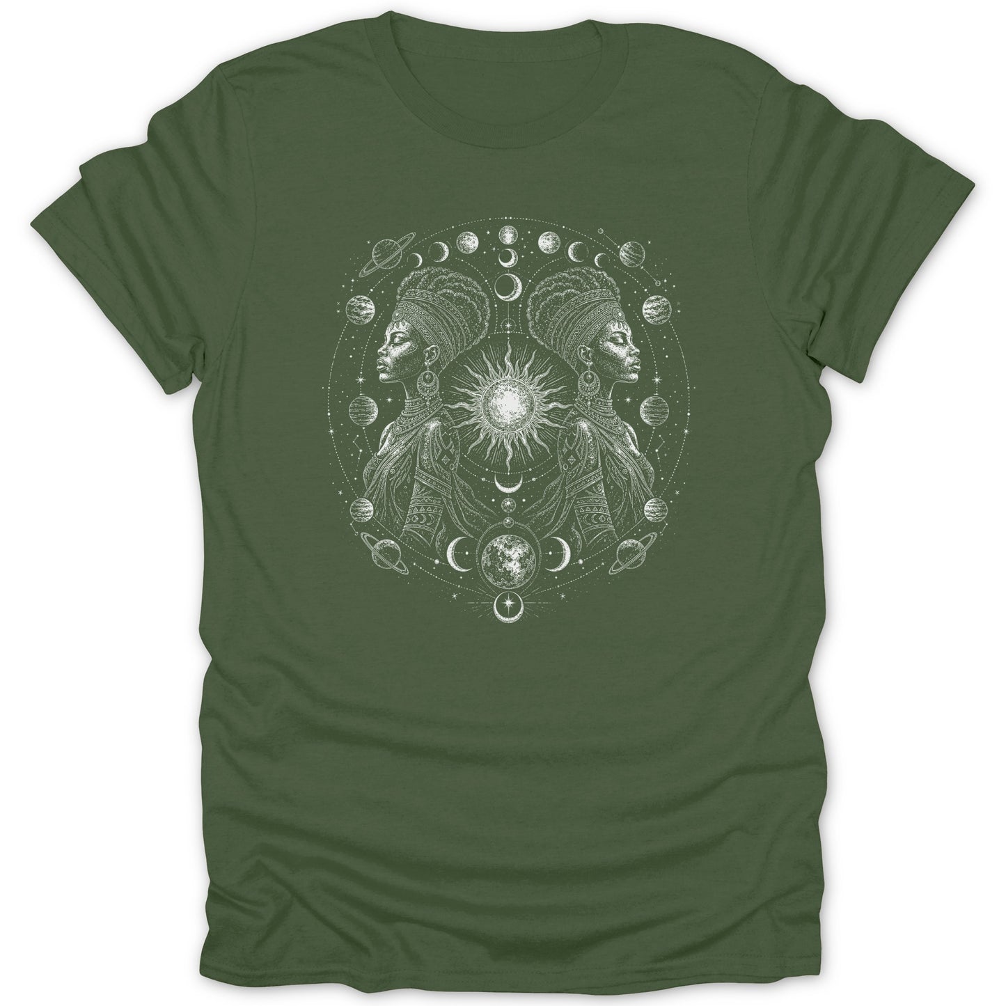 Green t-shirt with white Gemini queens, sun, moon, planets, and stars design.