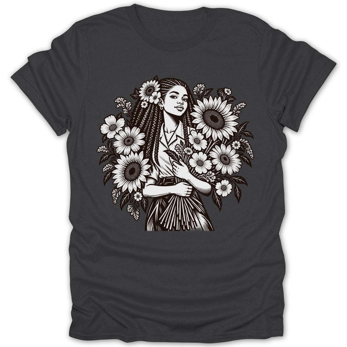 Illustration of a woman with braids holding flowers surrounded by sunflowers.