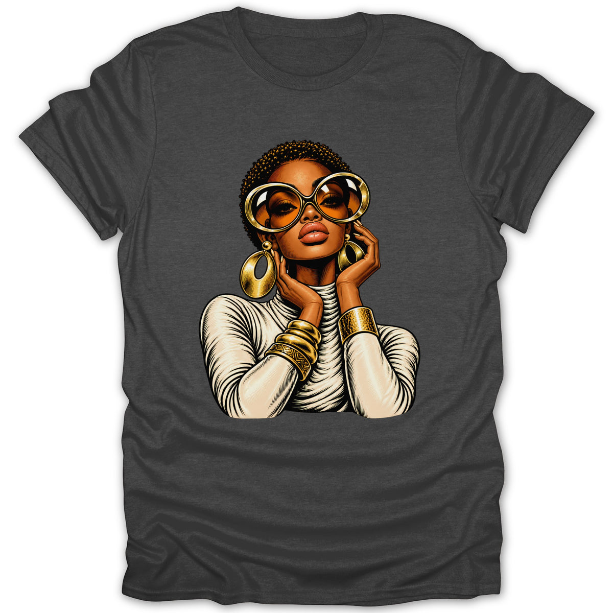 Graphic of a woman with large gold sunglasses, earrings, and bangles on a dark t-shirt.