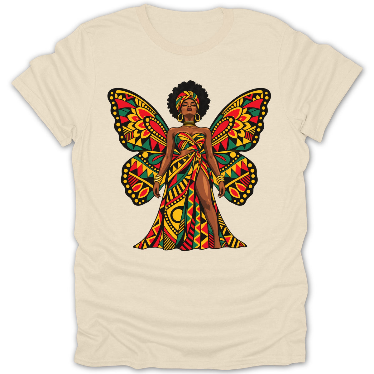Woman with afro and butterfly wings wearing a patterned dress on a cream t-shirt.