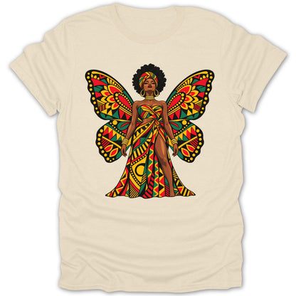 Woman with afro and butterfly wings wearing a patterned dress on a cream t-shirt.