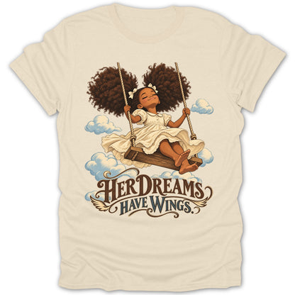 Girl on swing, clouds, text "HER DREAMS HAVE WINGS."