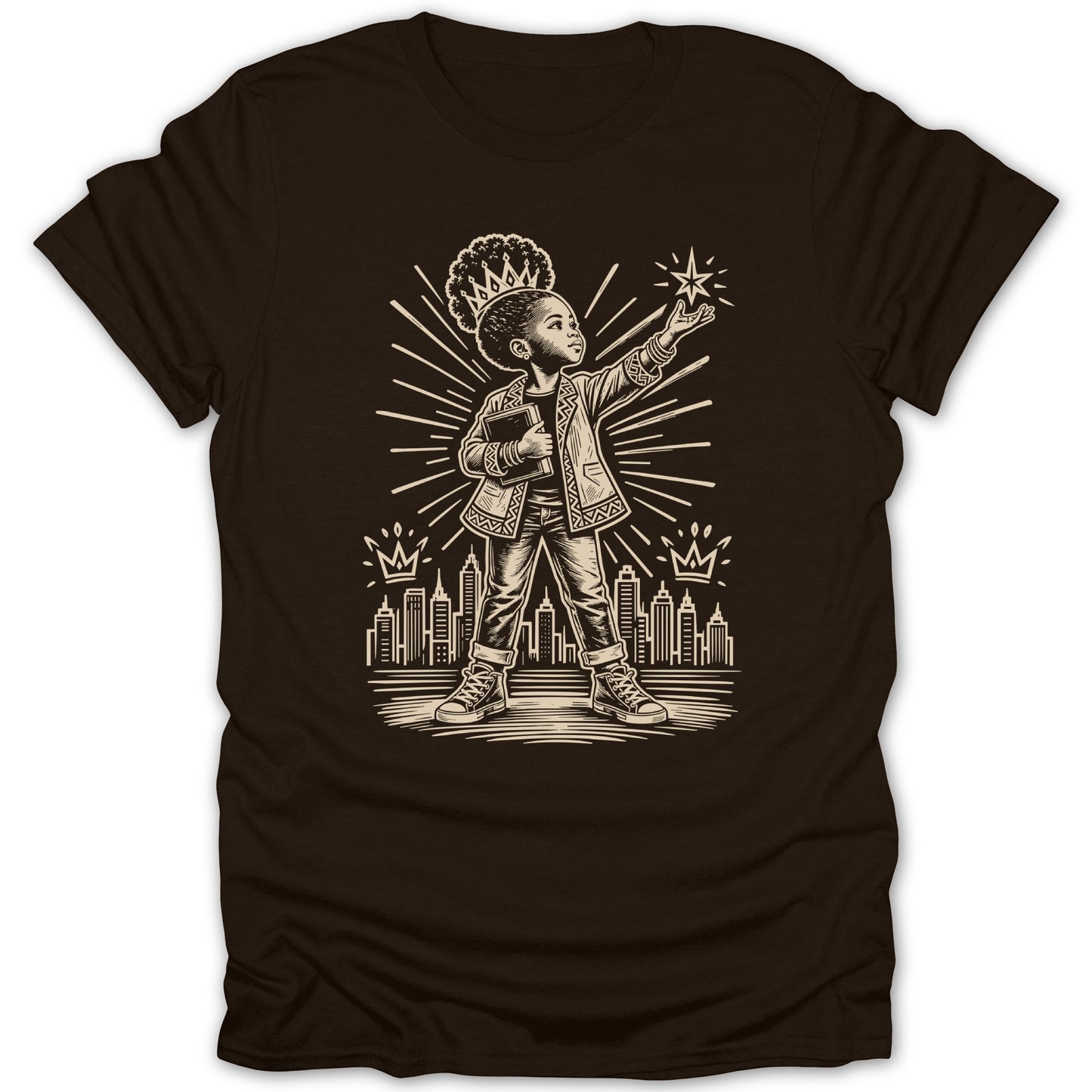 Illustration of a child with a crown reaching for a star with city skyline.