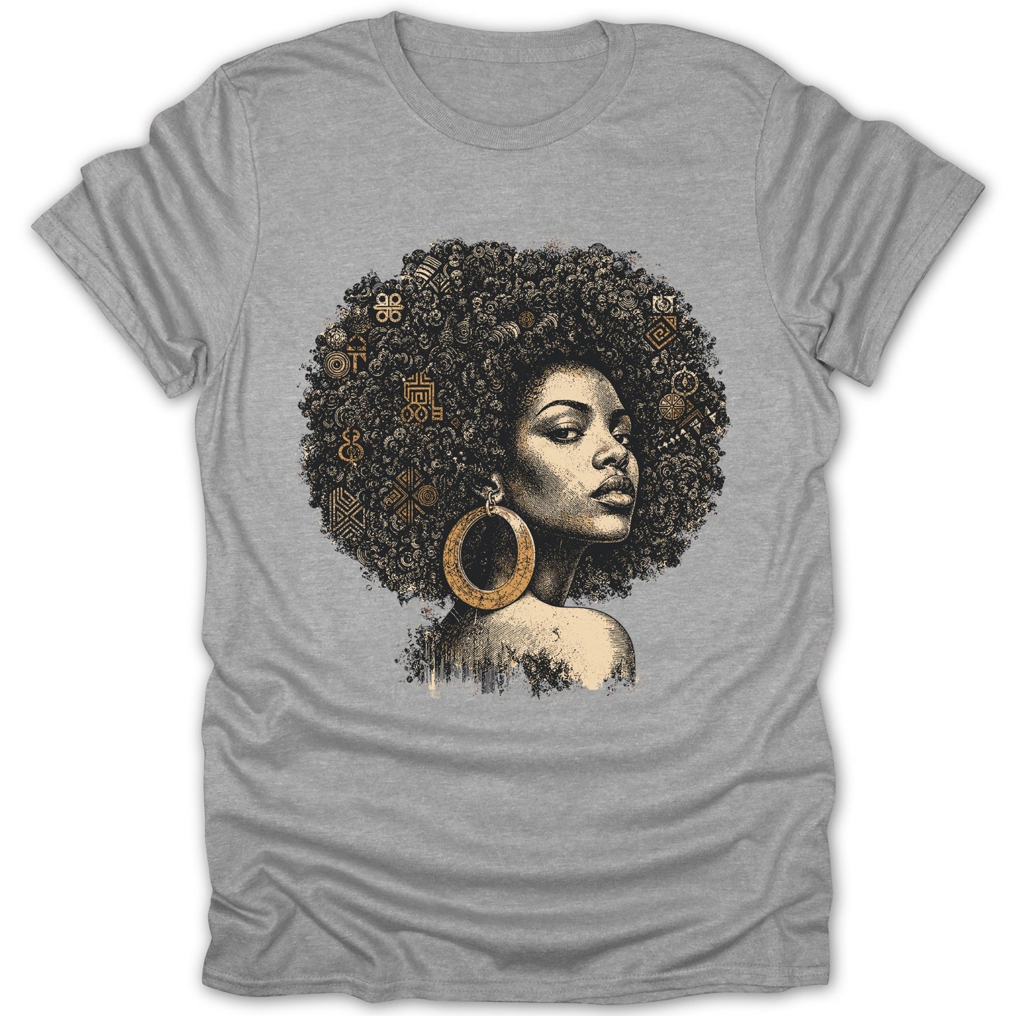 Black woman with an afro adorned with golden geometric patterns, wearing a large hoop earring.