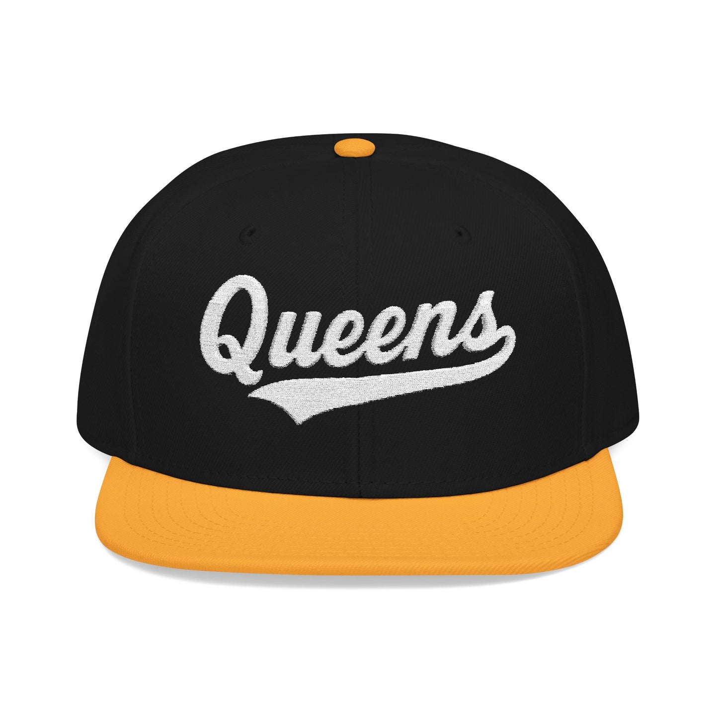 Black and orange snapback hat with "Queens" embroidered in white script.