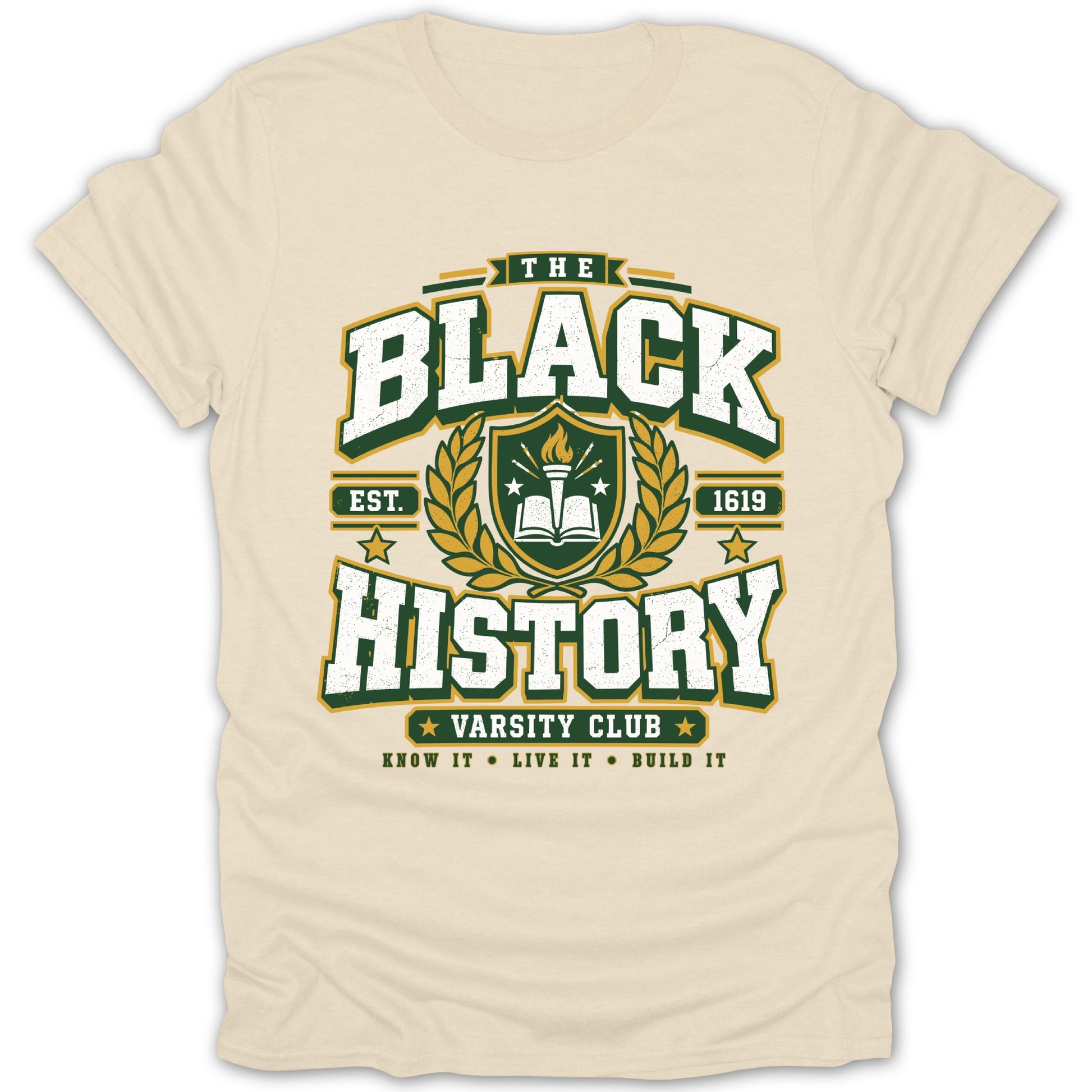 Cream t-shirt with "The Black History Varsity Club Est. 1619" graphic.