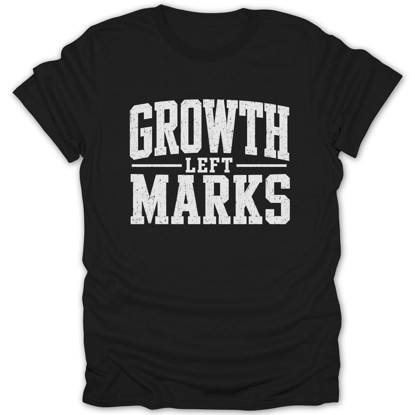 Black t-shirt with white text "GROWTH LEFT MARKS" in distressed block letters.