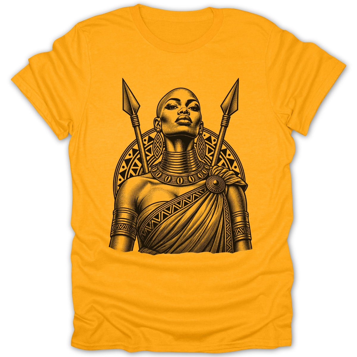 Black and white illustration of a bald warrior woman with spears and tribal patterns on yellow t-shirt.
