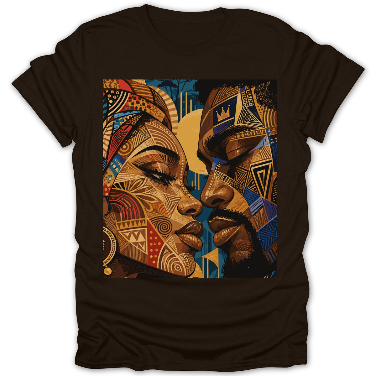 Brown t-shirt with graphic of two faces with intricate cultural patterns.