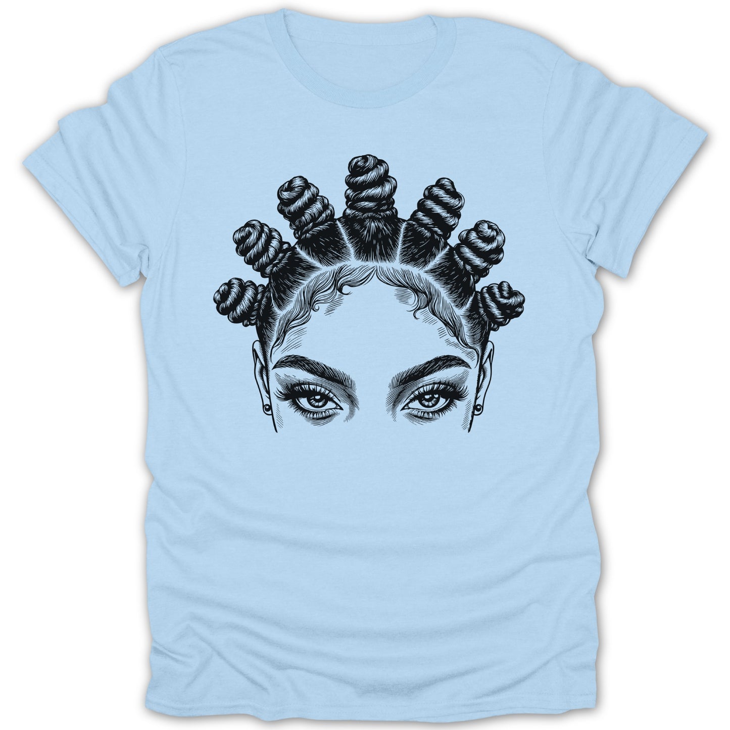 Black line drawing of woman's eyes and Bantu knots hairstyle on light blue t-shirt.