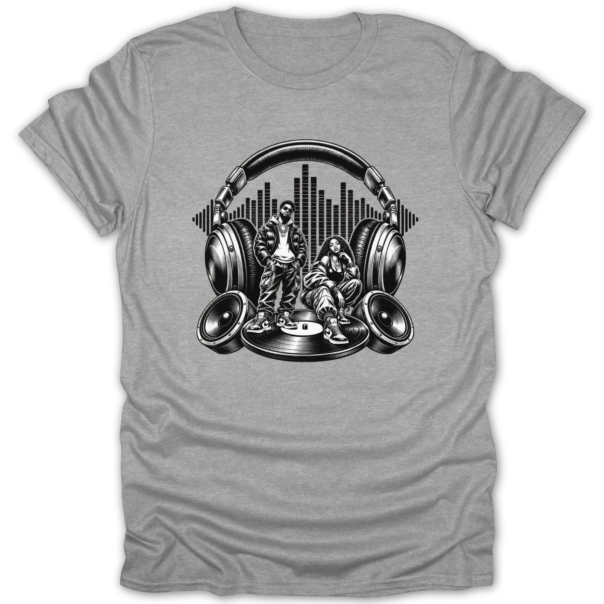 Illustration of two people, headphones, speakers, and a turntable on a t-shirt.