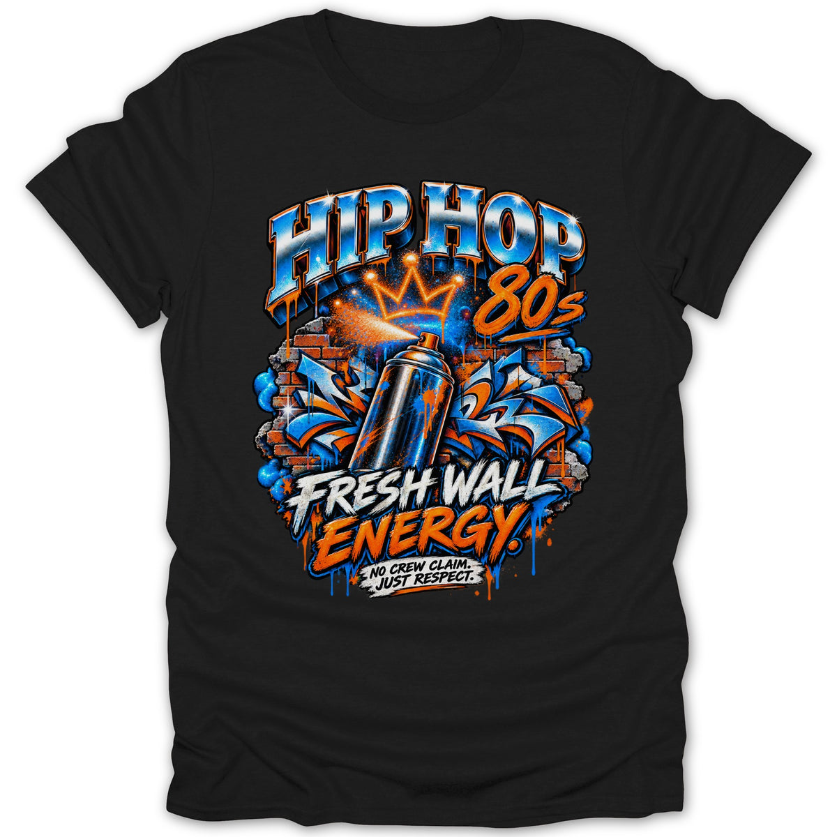 Black t-shirt with graffiti design: "Hip Hop 80s," spray can, crown, and text.