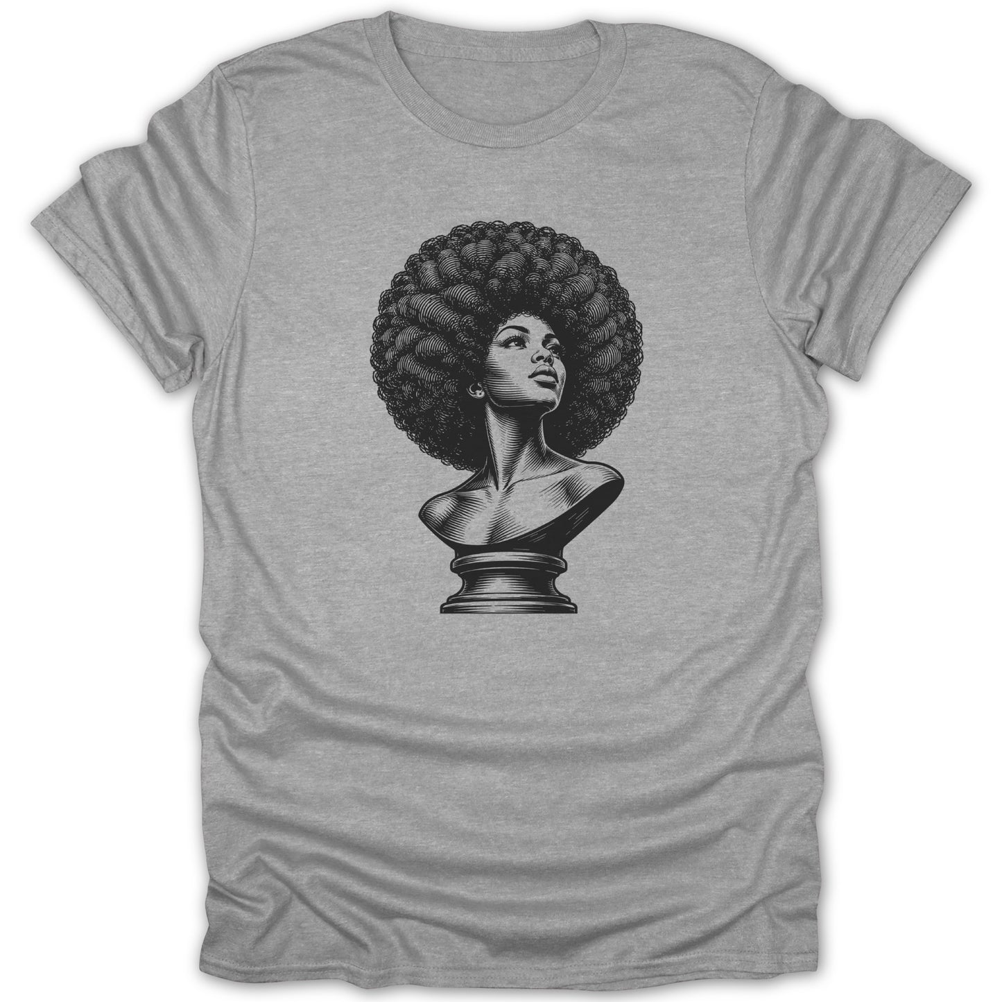 Bust of a woman with large afro on a pedestal, black and white illustration.