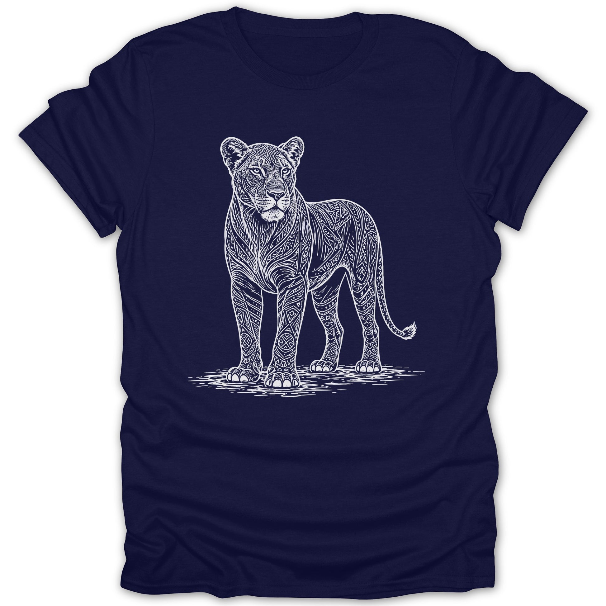 Navy t-shirt with a white ornamental lion linocut design.