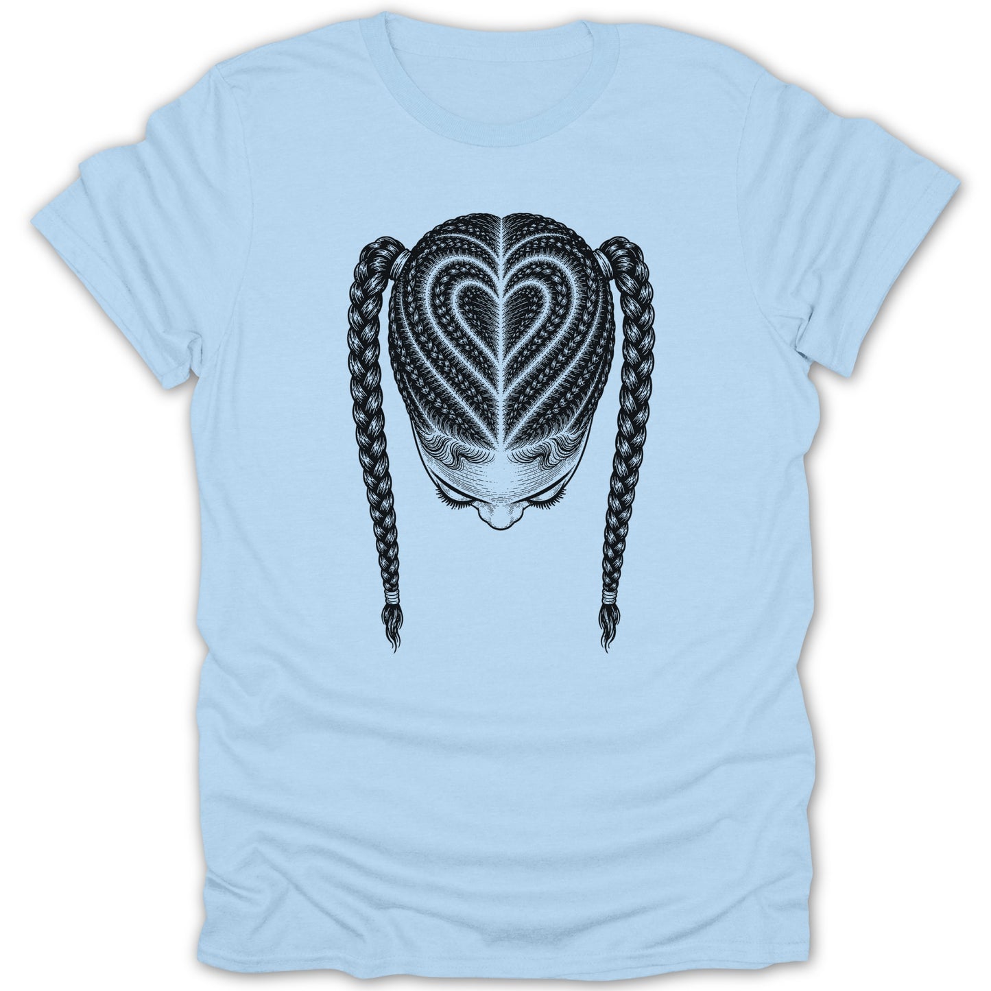 Light blue t-shirt with black and white illustration of braided hair forming a heart.