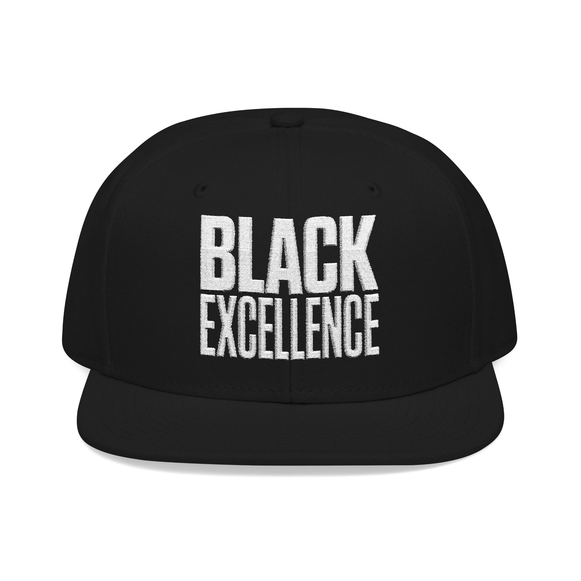 Black snapback hat with "BLACK EXCELLENCE" embroidered in white.
