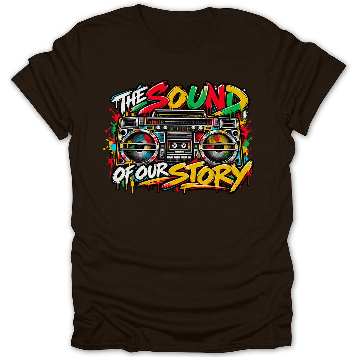 Boombox graphic with text "The Sound of Our Story" in vibrant colors
