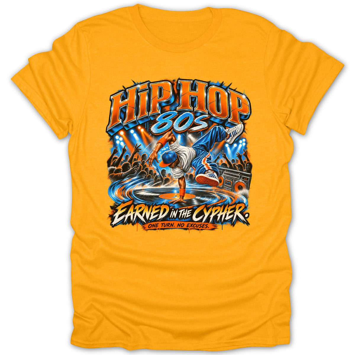 T-shirt with "Hip Hop 80s" and breakdancer on a record.