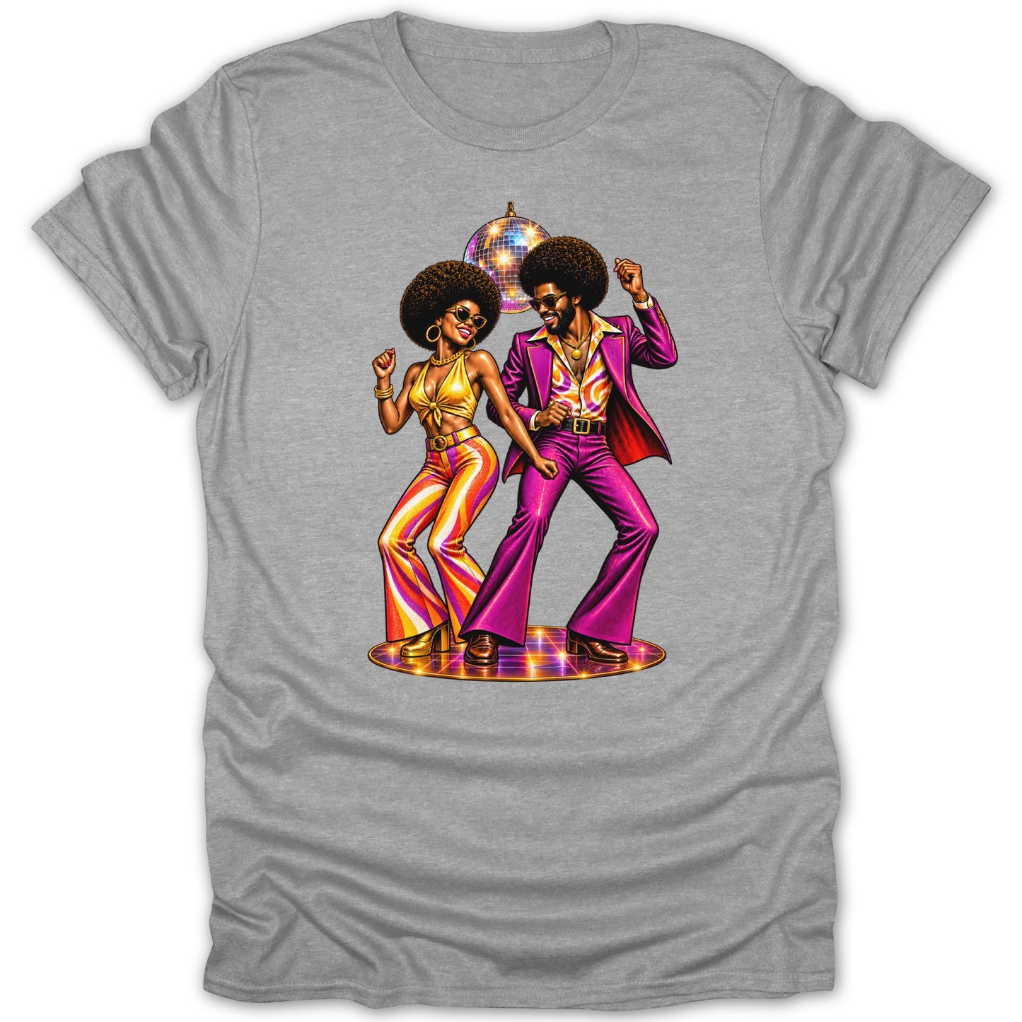 Couple in 1970s disco attire dancing under a disco ball.