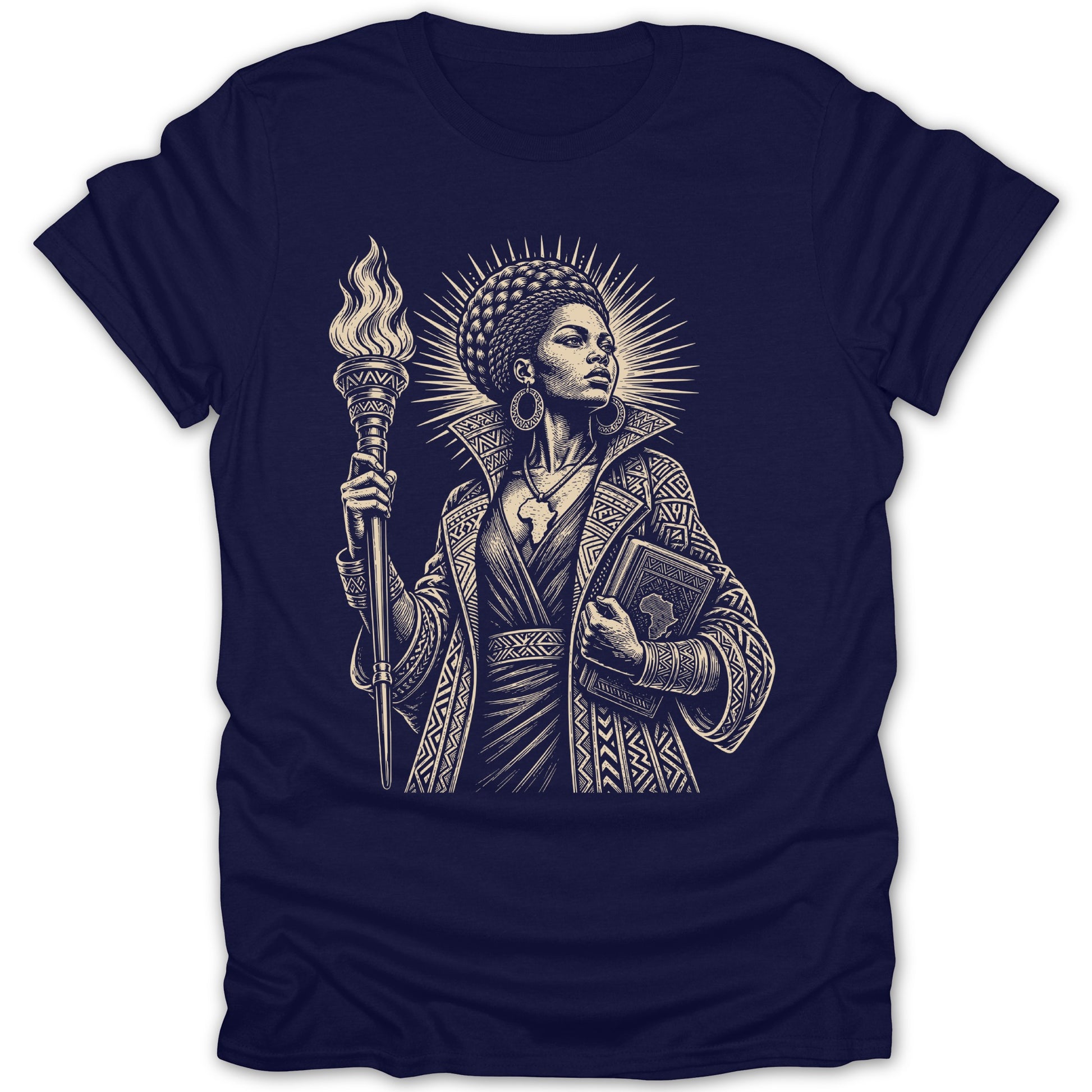 T-shirt with a detailed illustration of African woman holding a torch and book.