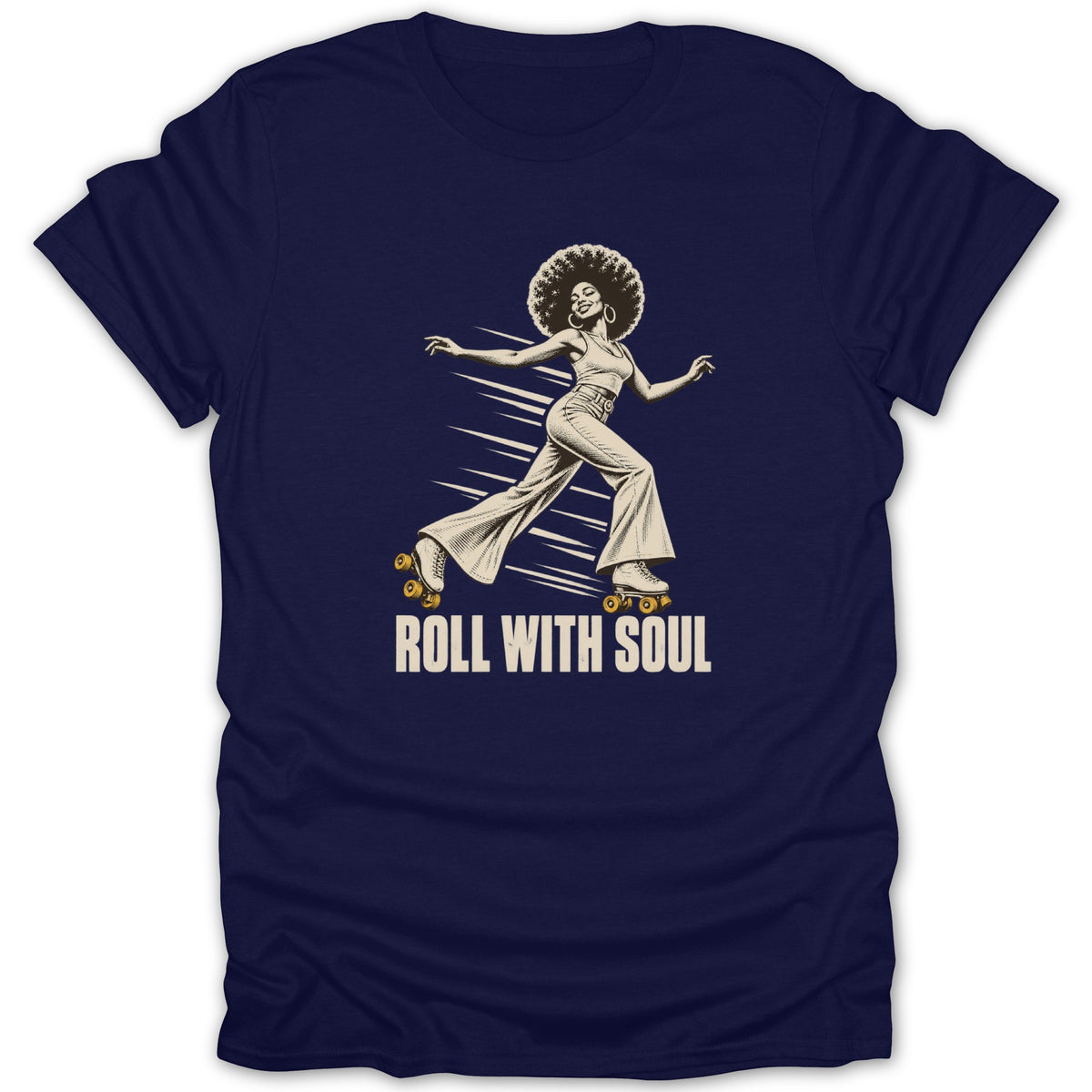 A dark blue t-shirt featuring a retro graphic of a woman roller skating with the text ROLL WITH SOUL.