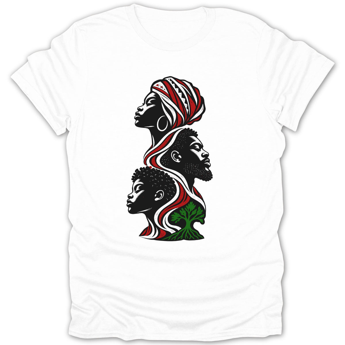 Black and white t-shirt with abstract graphic of three faces and a tree.