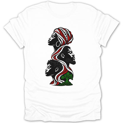 Black and white t-shirt with abstract graphic of three faces and a tree.