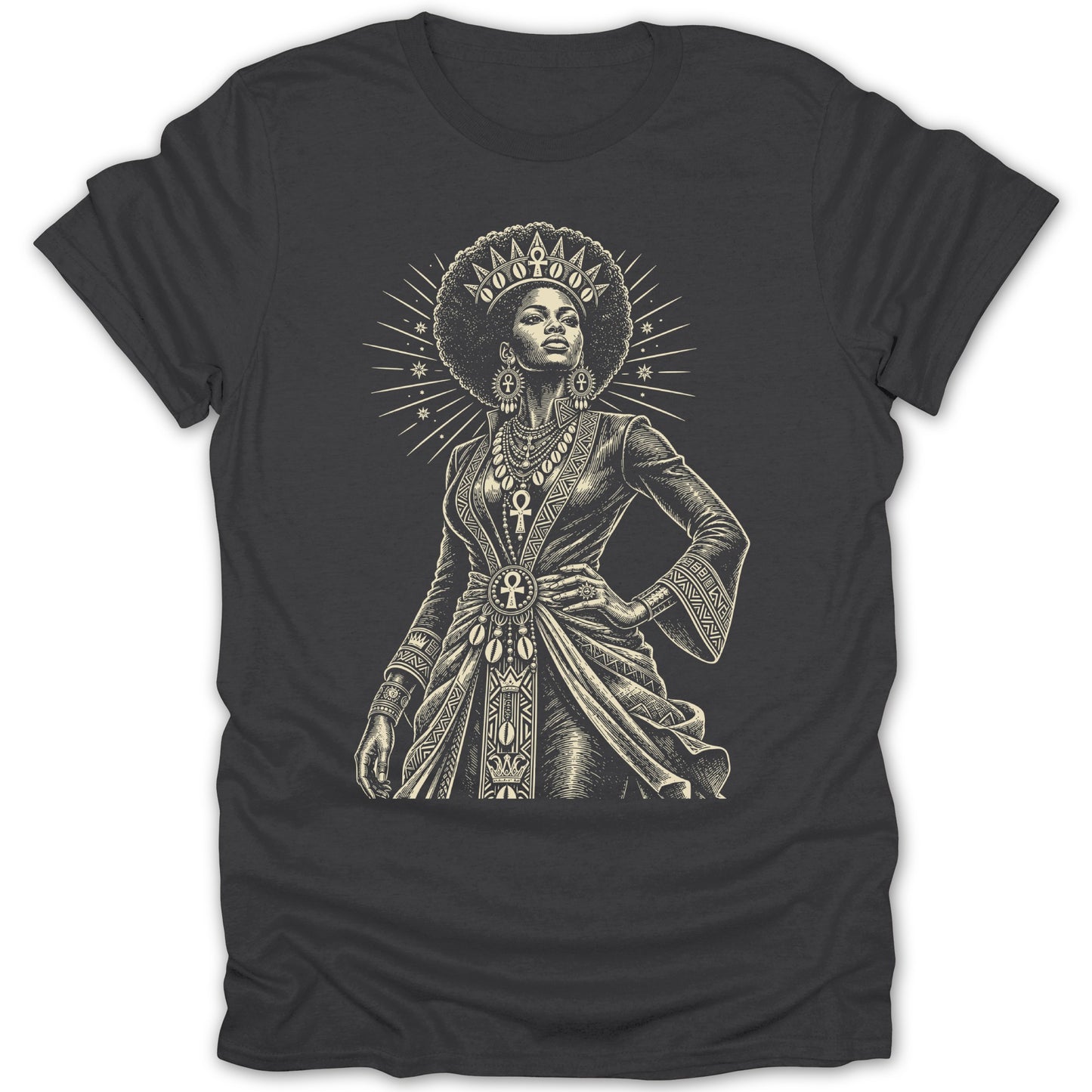 T-shirt graphic of a regal woman wearing a crown and ornate African-inspired clothing.