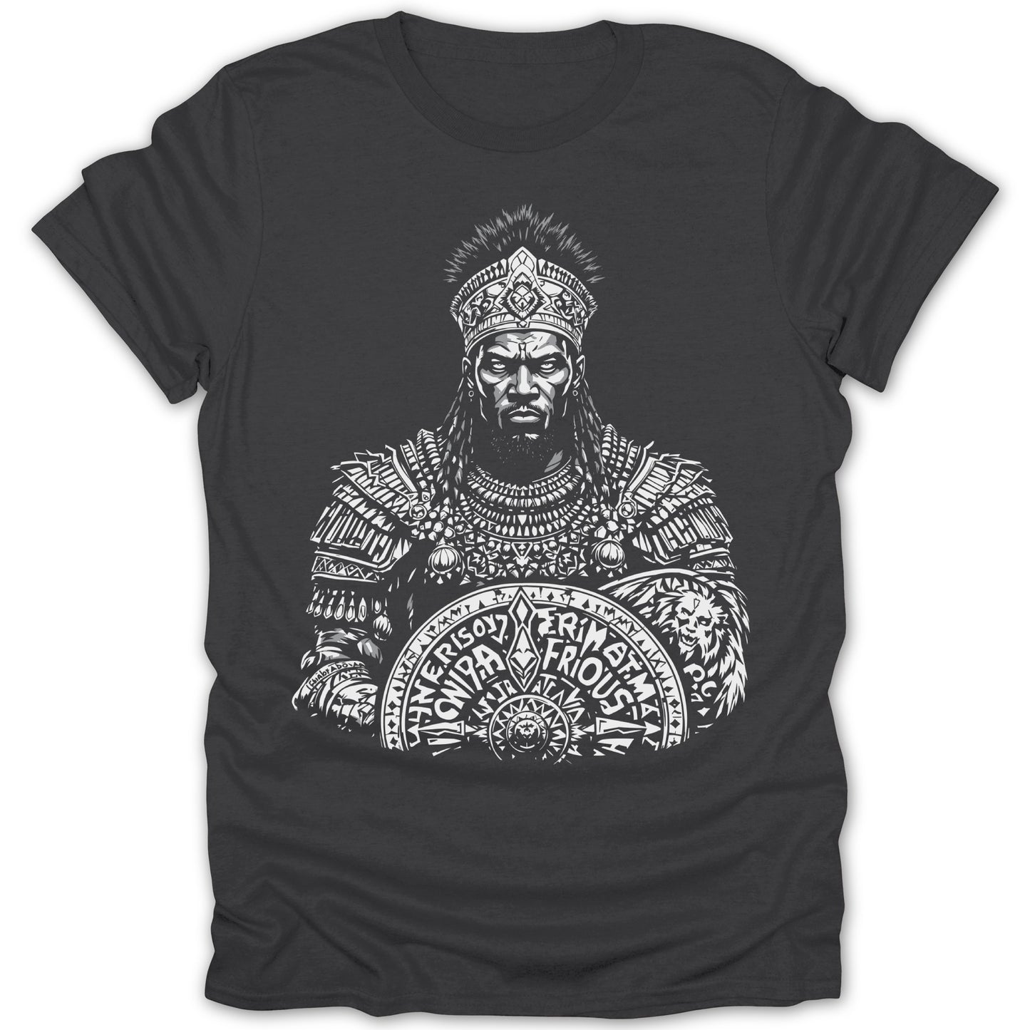 King with crown and ornate armor holds shield with text and lion emblem.
