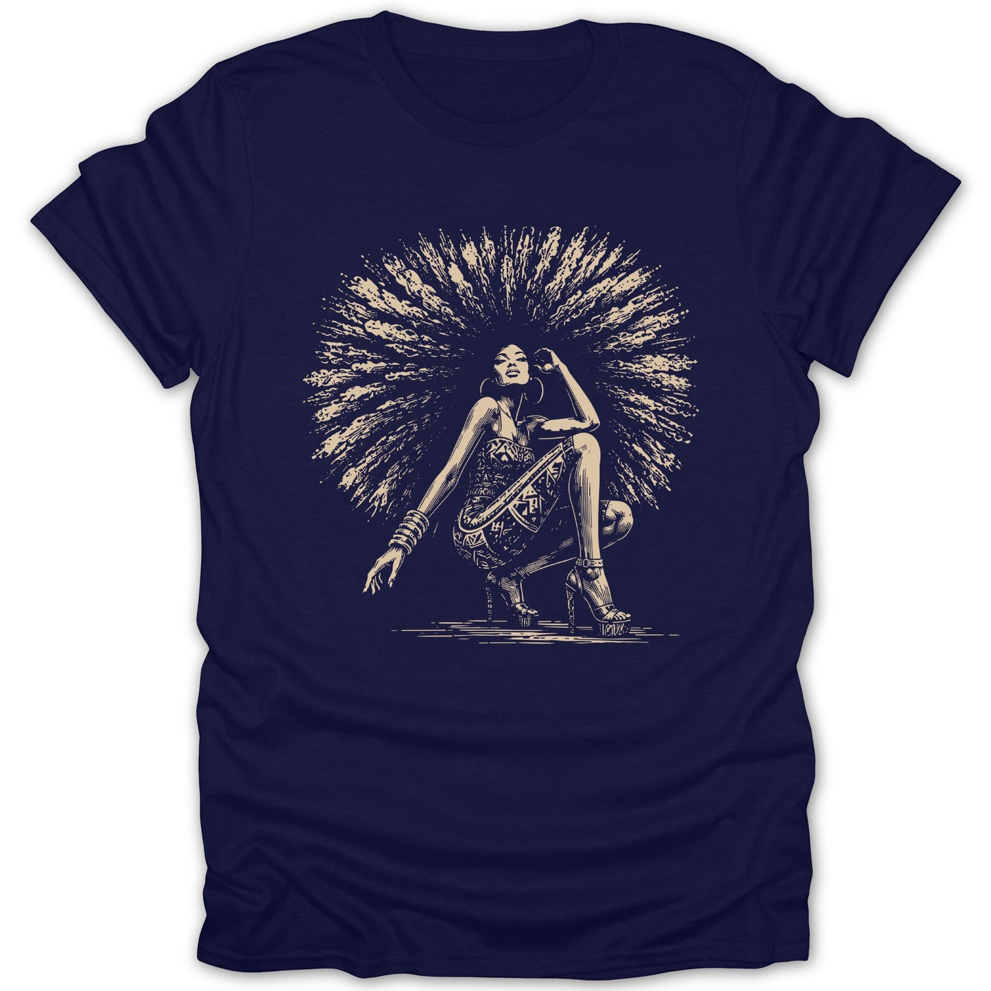 T-shirt with drawing of woman with large afro, squatting, wearing patterned dress.