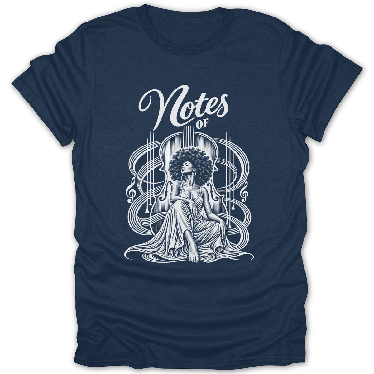 T-shirt with "Notes of" text and woman seated by a cello with musical notes.