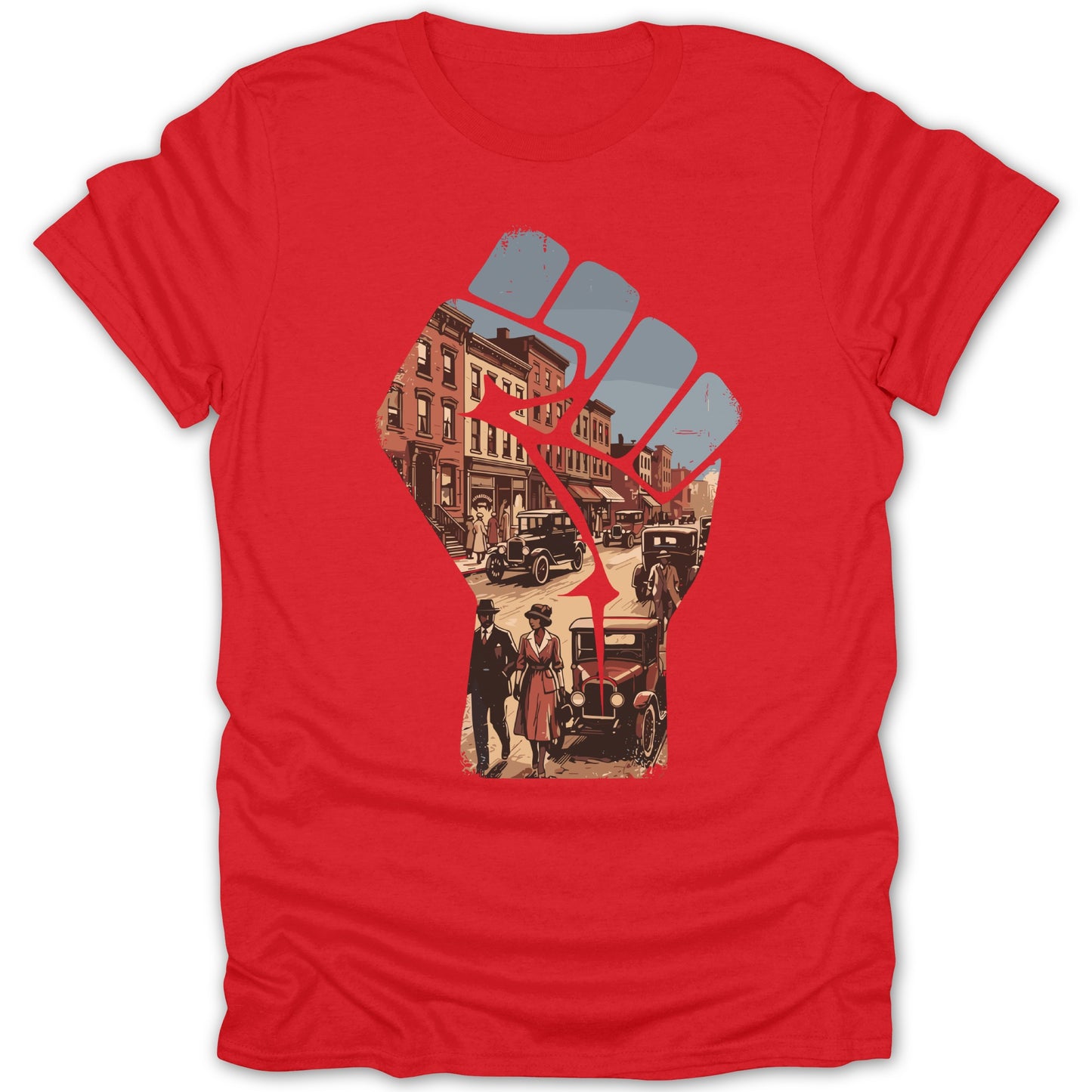 Historic Street Scene with Red Fist Graphic T-shirt