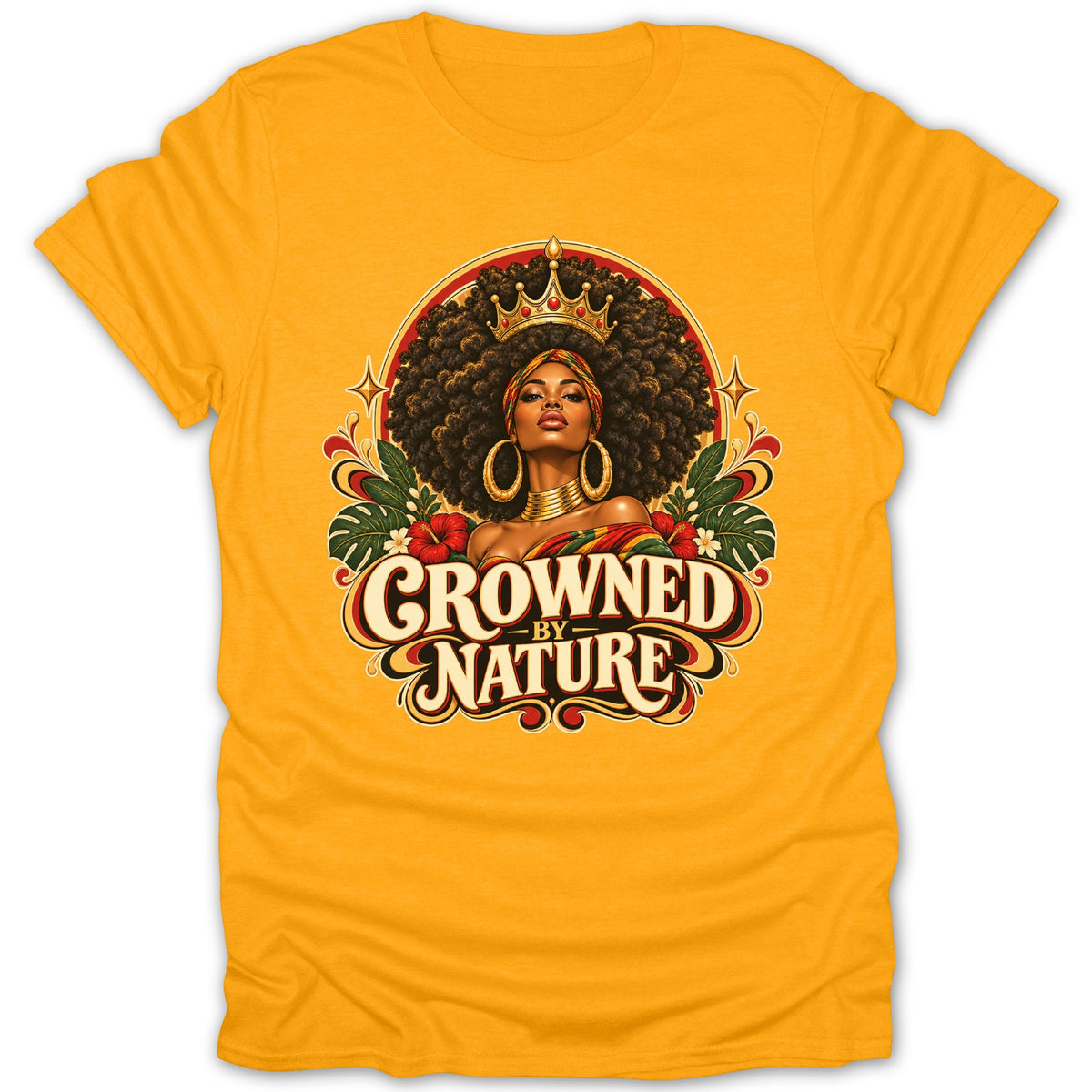 Gold t-shirt with graphic of crowned woman and text "Crowned by Nature."