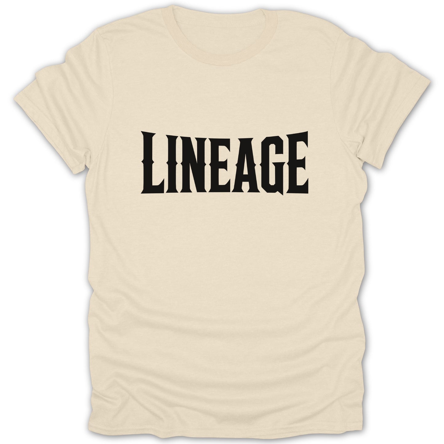 Cream t-shirt with "LINEAGE" text in a black serif font.