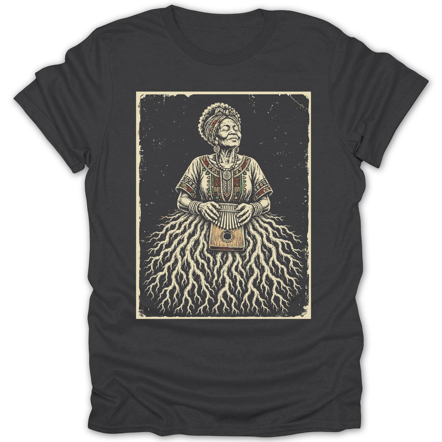 T-shirt featuring illustration of elder woman with kalimba and root-like skirt.