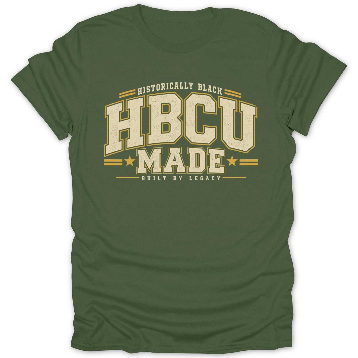 Green t-shirt with "Historically Black", "HBCU Made", and "Built by Legacy" text.