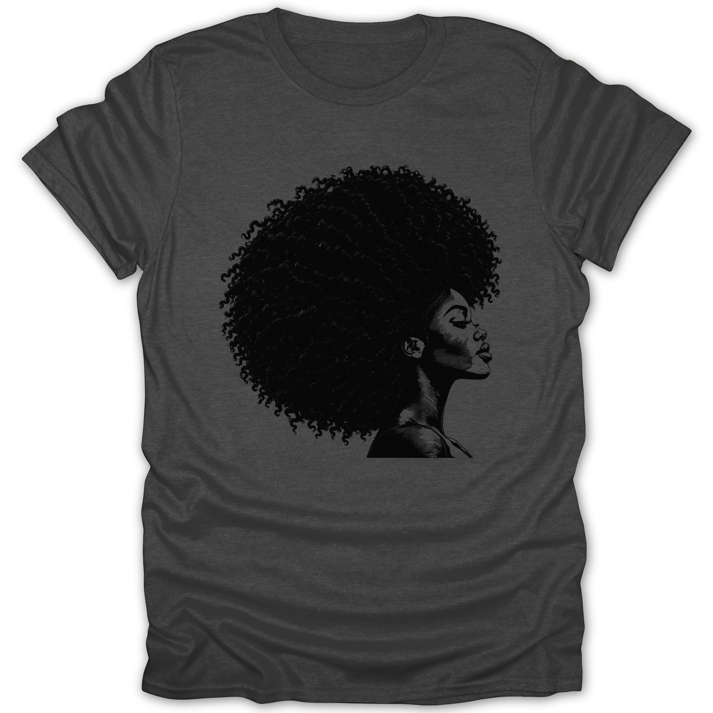 Dark gray t-shirt with a black graphic of a woman's profile with voluminous afro hair.