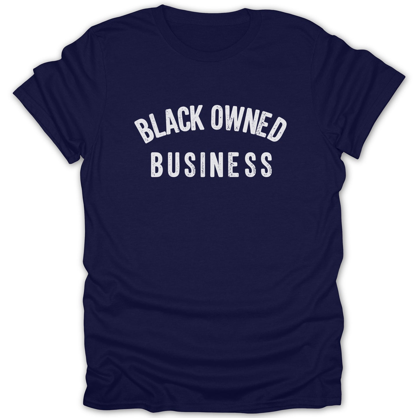 Navy t-shirt with distressed white text reading "BLACK OWNED BUSINESS".