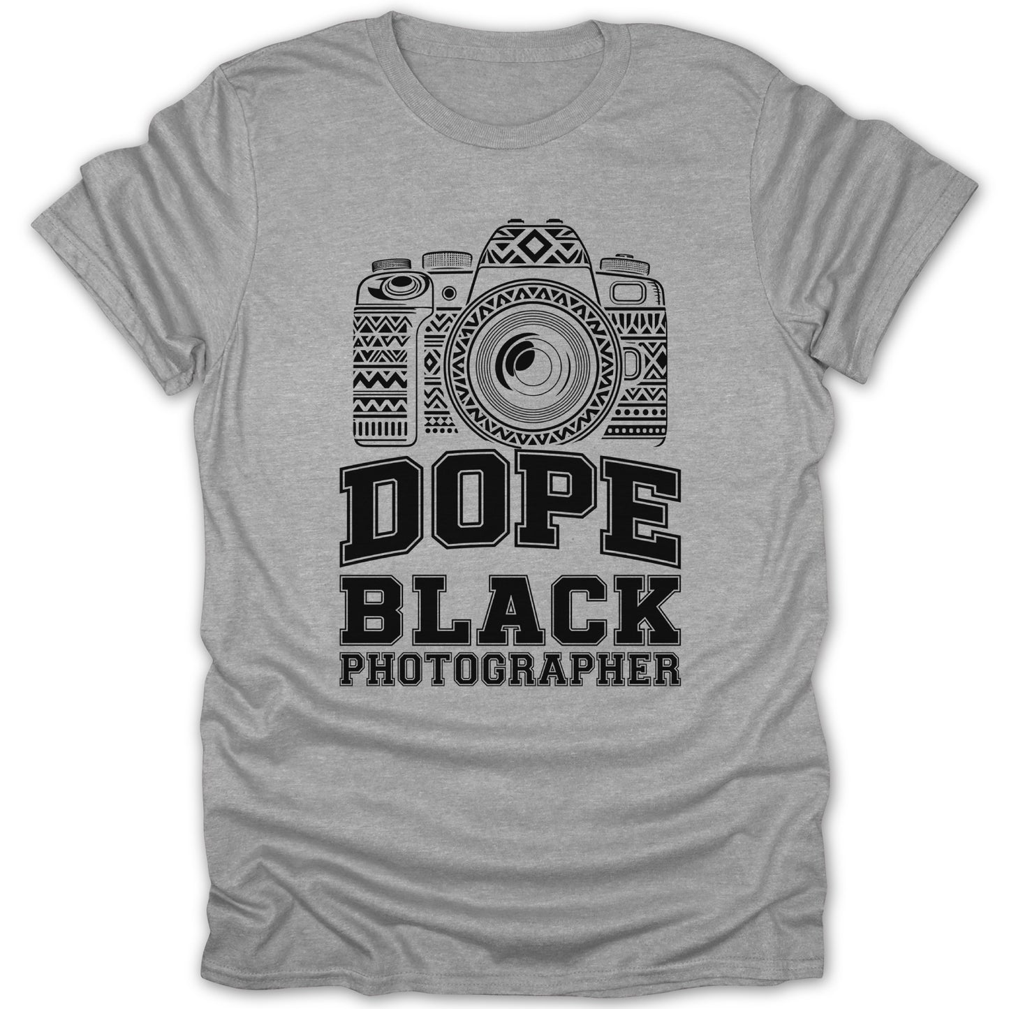 Gray t-shirt with black graphic of a camera and text reading "DOPE BLACK PHOTOGRAPHER".
