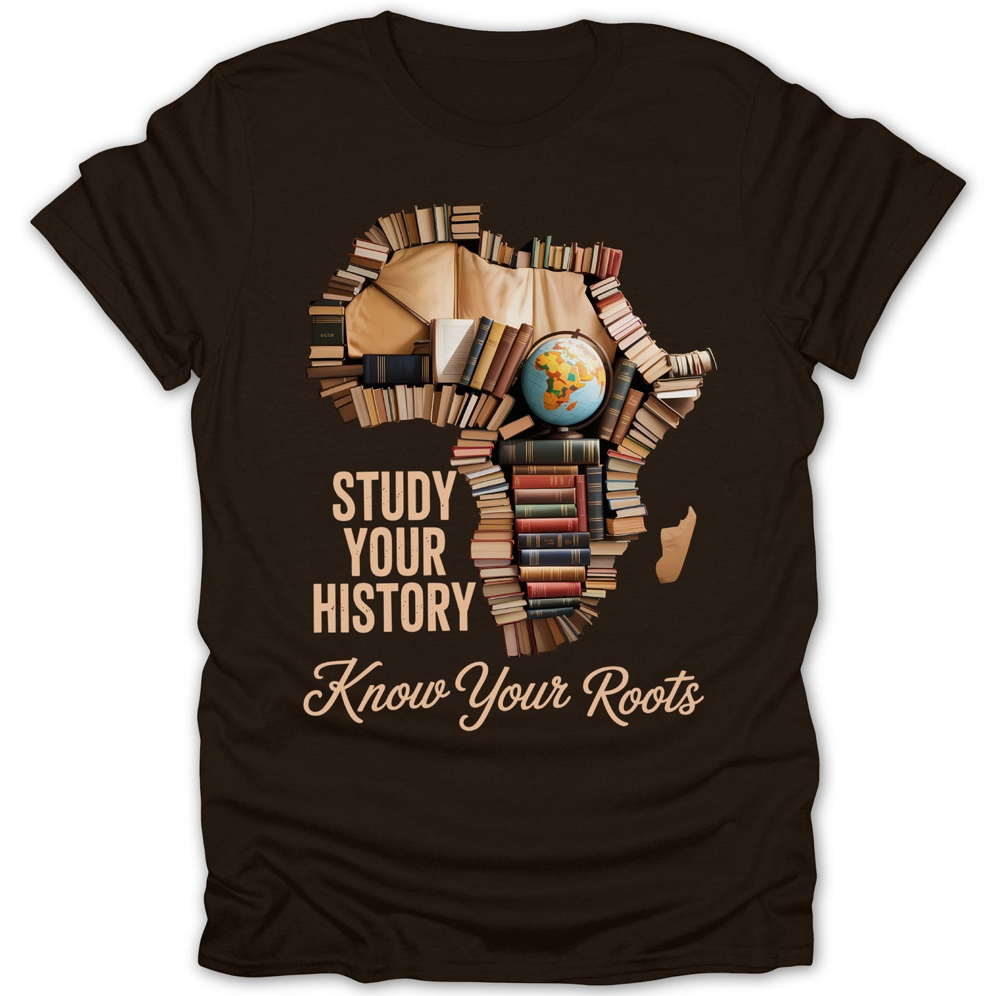 Africa silhouette made of books with "Study Your History Know Your Roots" text.