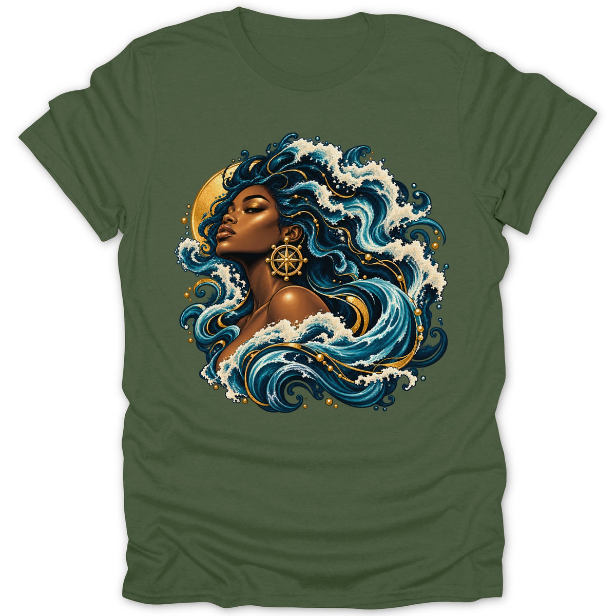Woman with flowing blue hair and waves, wearing a ship's wheel earring.